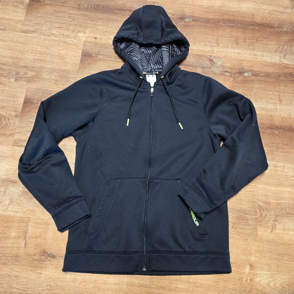 Under Armour Black Zip-Up Hooded Sweatshirt with Subtle Lime Accents Small